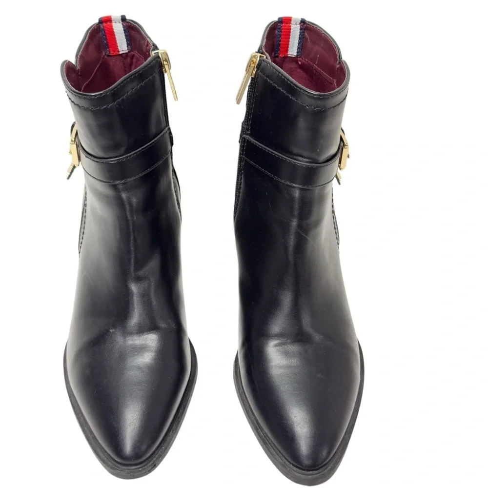 Tommy Hilfiger Black and Gold Ankle Booties with Side-Zip